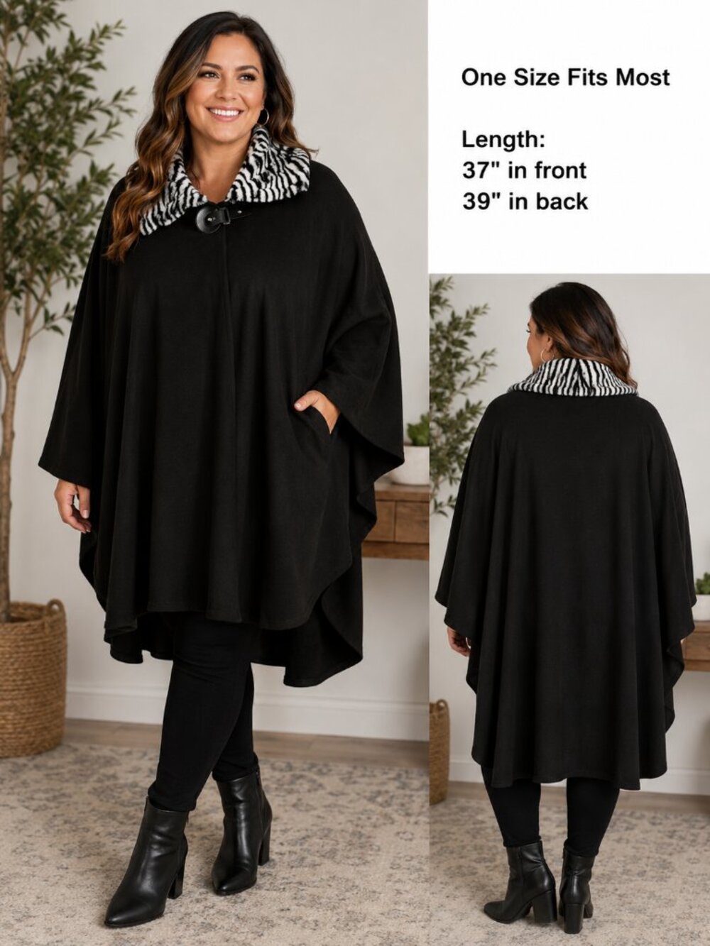 Le Moda Black Cape Poncho One Size Zebra Faux Fur Collar Buckle Closure Relaxed